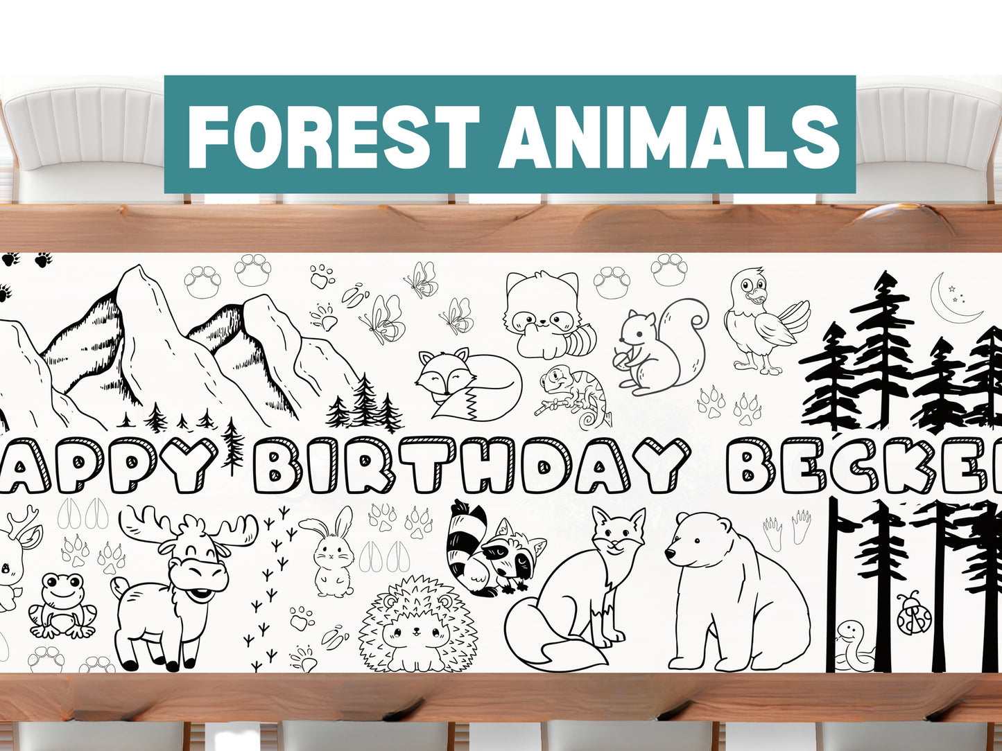 LARGE 6-foot Coloring Banner Forest Animal Woodland Personalized Birthday Poster