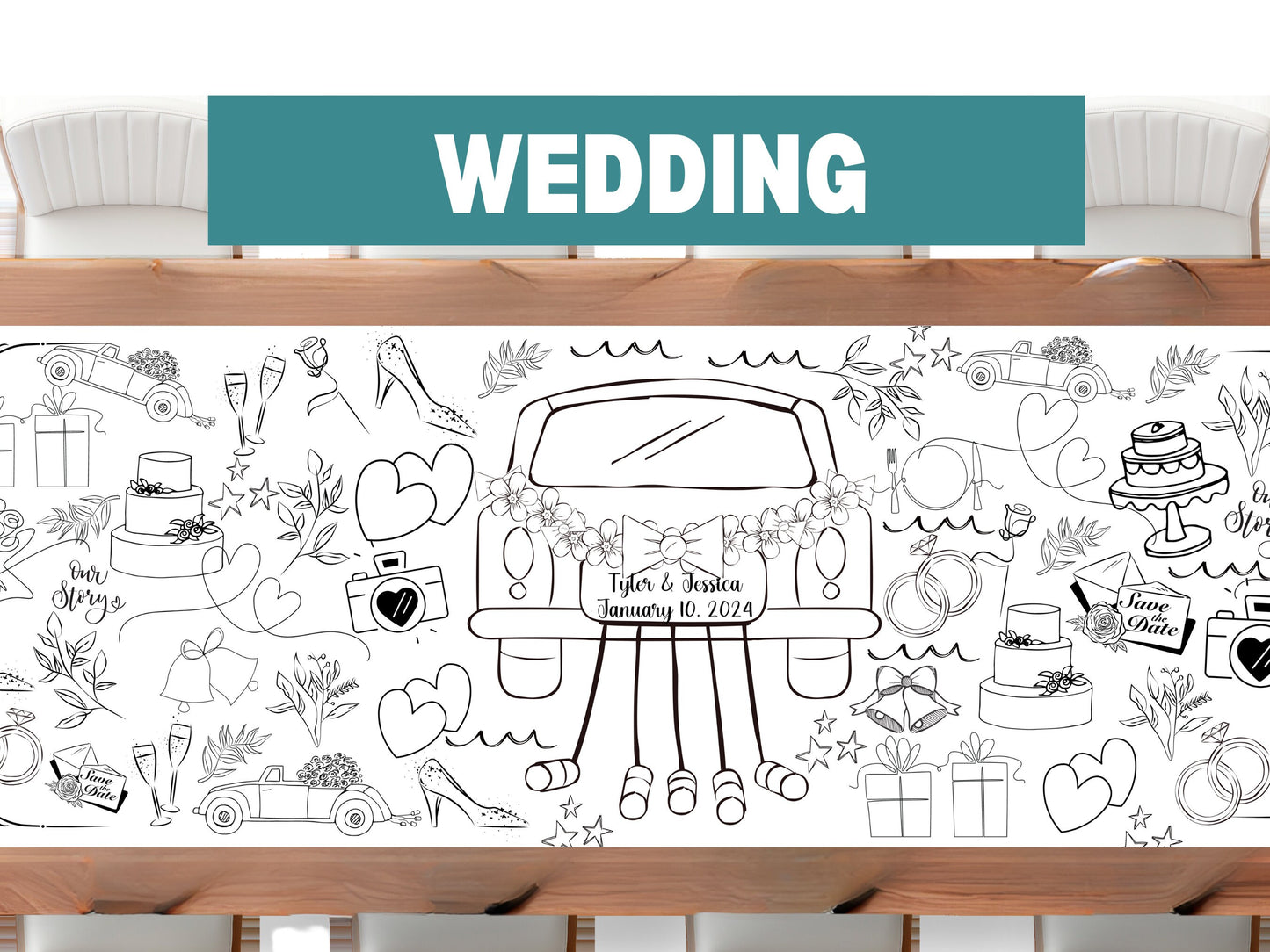 Personalized 6ft Wedding Coloring Banner for Kids Table 72"