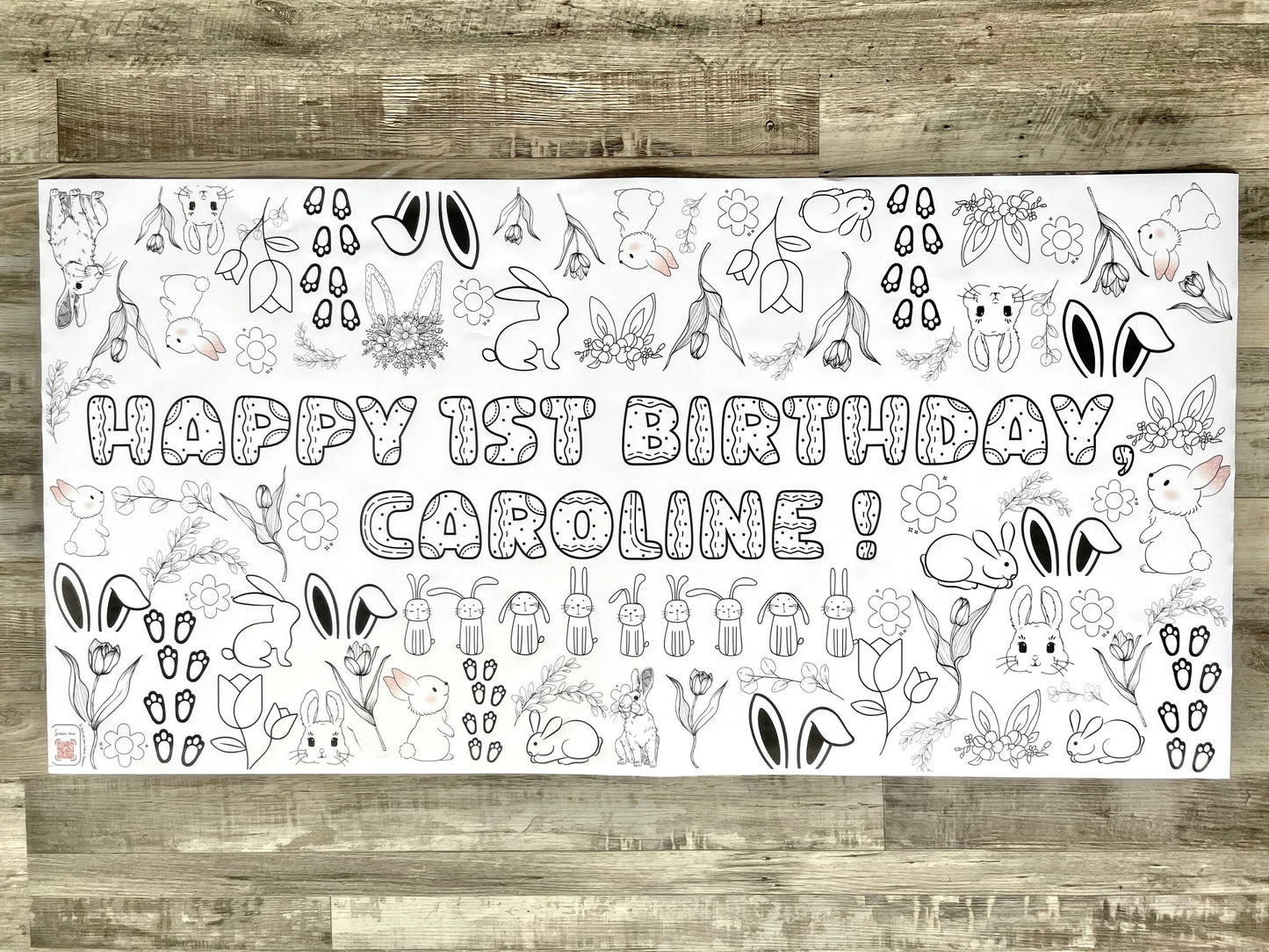 LARGE 6-foot Bunny Theme Coloring Banner Personalized Birthday Poster Table 72"