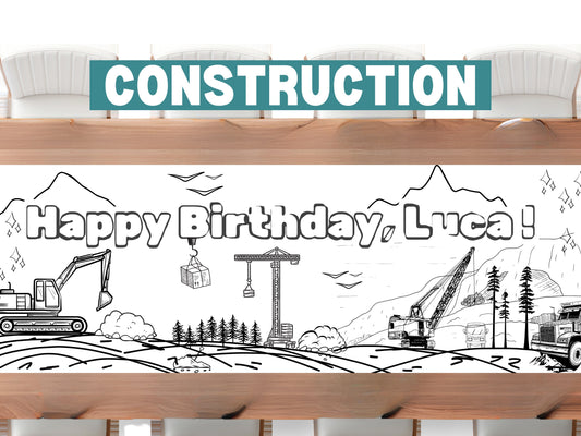 LARGE 6 foot Construction Coloring Banner Personalized Dump Truck Birthday Table Cover