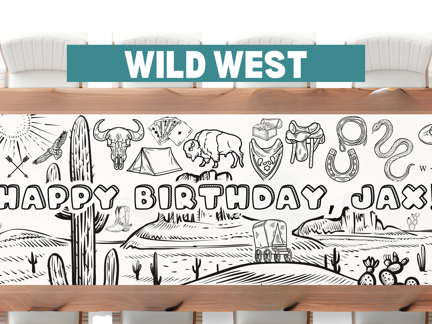 6-Foot Personalized Wild West Coloring Banner Cowboy Paper Tablecloth for Party