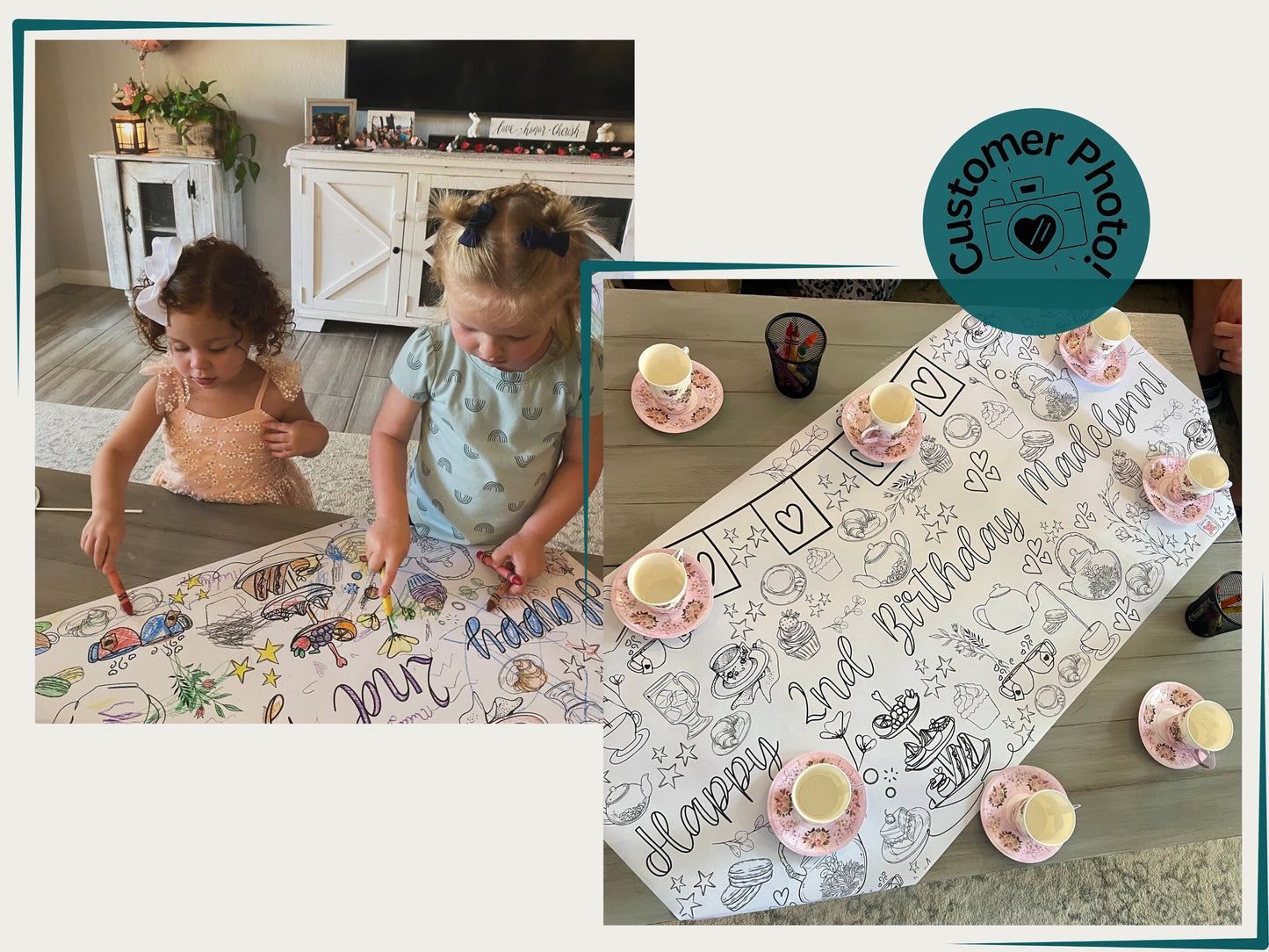 LARGE 6-foot Coloring Banner Tea Party Personalized Birthday Whimsical Table Cover