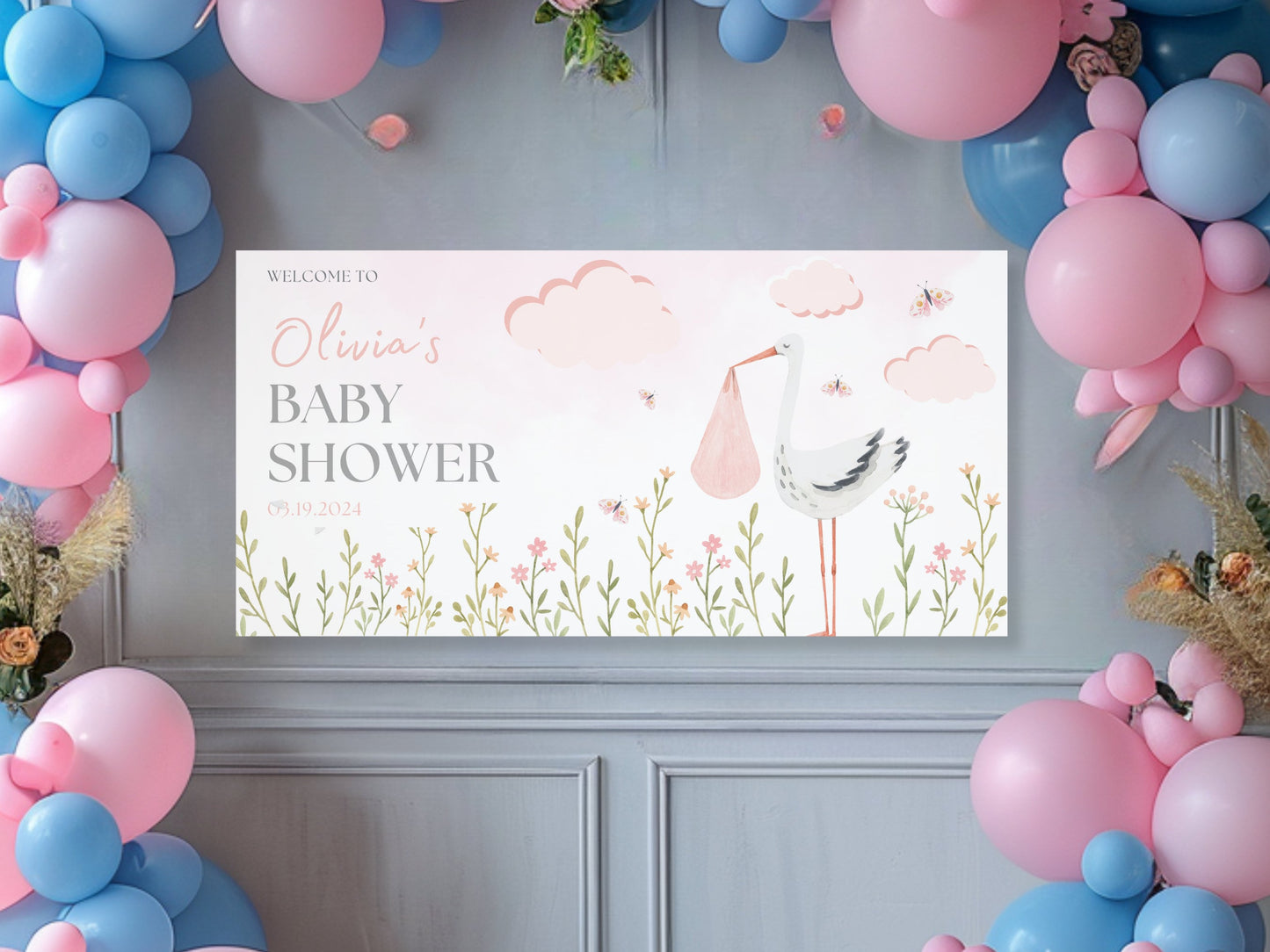 Pink Stork Baby Shower Welcome Sign Personalized Modern Backdrop