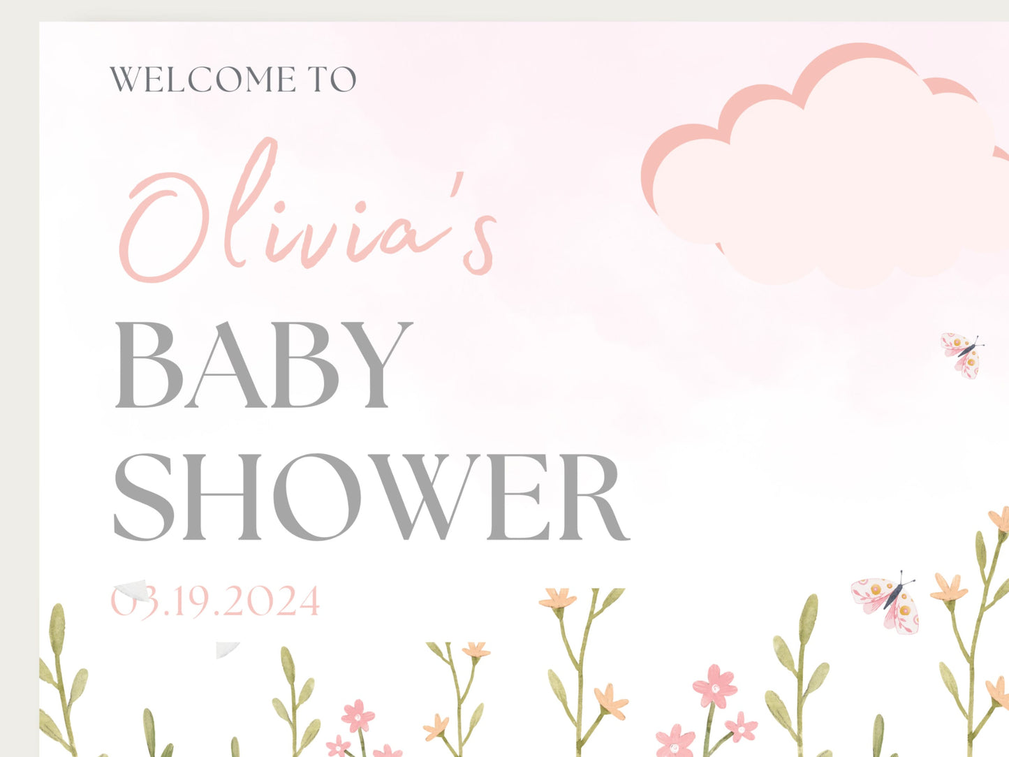 Pink Stork Baby Shower Welcome Sign Personalized Modern Backdrop