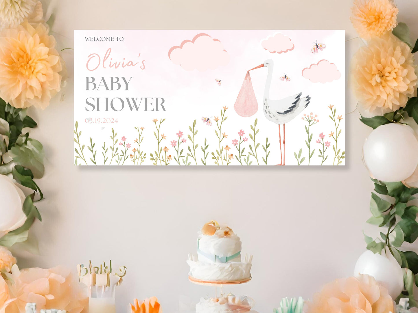 Pink Stork Baby Shower Welcome Sign Personalized Modern Backdrop