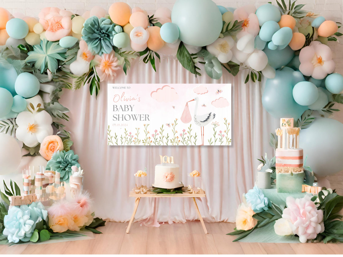 Pink Stork Baby Shower Welcome Sign Personalized Modern Backdrop